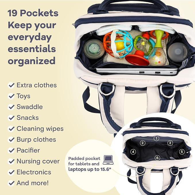 RUVALINO Diaper Bag Backpack-Multifunction Baby Travel Bag with Changing pad, Insulated Bottle Holders & Pacifier Case, Large Capacity, Waterproof, Cream & Blue - Image 3