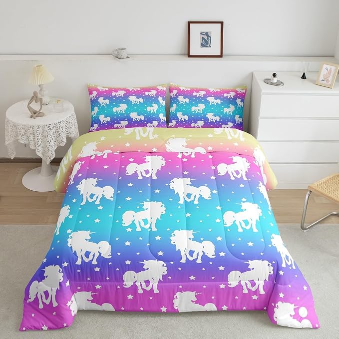 2 Piece Unicorn and Stars Bedding Set King Size,Tie Dye Pastel Comforter Sets Rainbow Printed Duvet Sets for Kids Girls Teens,Girly Sweet Colorful Down Comforter Bedroom Decor with 2 Pillow Cases by Erosebridal