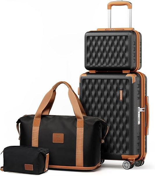 Melalenia Luggage Set 4 Piece Carry On, Hardside Suitcase with TSA Lock and Spinner Wheels, Carry-On Ailline Approved, Black Brown by Melalenia