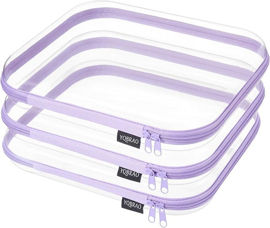 YQBRAO 3-Pack Large Clear Hard Shell Zipper Case, 1.2mm Ultra-Thick Rigid Toy & Closet Organizer, Heavy-Duty Diaper Bag Pouch Set with YKK Zippers, Waterproof Travel Storage (Purple) by Unknown