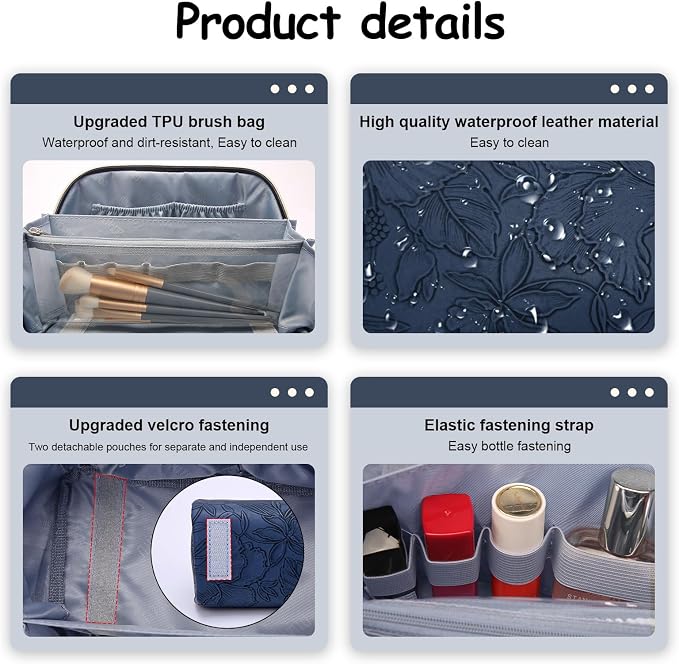 BOYATU Travel Makeup Bags Cosmetic Organizer Bag: 3-Set Large Capacity Make up Bag - PU Leather Toiletry Bags for Women - Wide Open Portable Pouch with Divider & Handle (02-Dark Blue) - Image 4