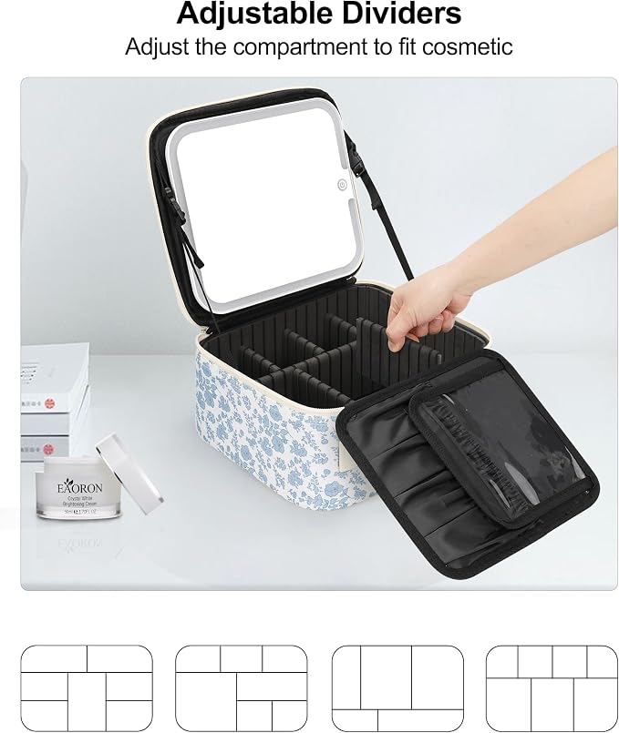 Chomeiu Makeup Bag with LED Mirror, Travel Cosmetic Bags for Women Girls Portable Train Case Makeup Artists Storage Organizer Box with Light Up Mirror 3 Color Lights, Floral Print - Image 4