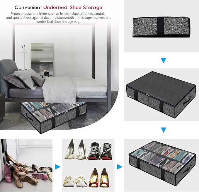 Onlyeasy 2 Pack Under Bed Shoes Storage Bag Organizer (14+4 Pairs), Collapsible Shoe Boot Container with Handles, Underbed Storage Solution for Kids & Adults, 86x60x15cm, Linen-like Black, MXAUBS14S4 - Image 6