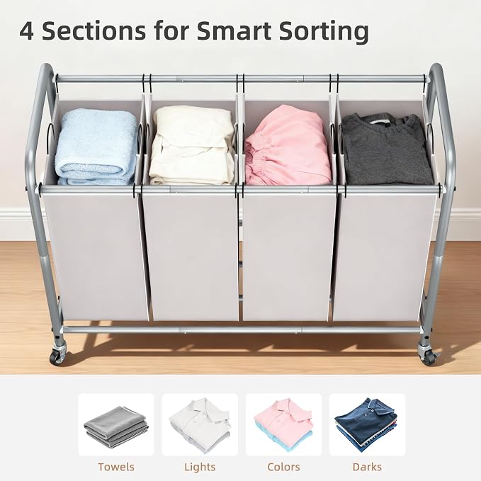 STORAGE MANIAC Laundry Sorter 4 Section, 47.5 Gal (180 L) Laundry Hamper with Wheels, Clothes Divider Basket Sorter, Separator Hamper Cart with Removable Bags, Gray - Image 2