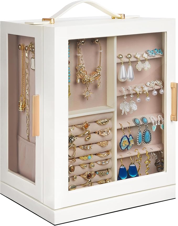 360° Rotating 5‑Drawers Jewelry Box with Top Handle & Glass Window, Spacious Vertical Jewelry Organizer, Jewelry Storage Case, Dustproof & Moisture‑resistant Design. (White) by Unknown