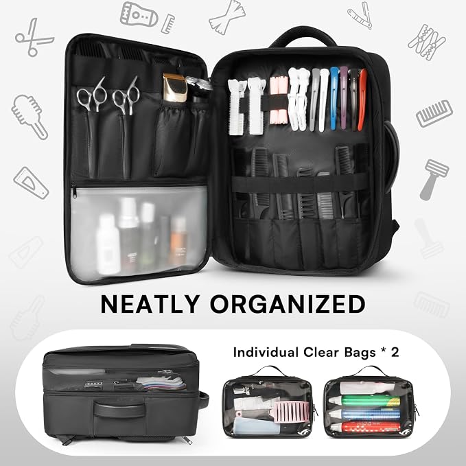 Barber Bag with 2 Pouches, Professional Hairstylist Travel Backpack with Adjustable Dividers, Hairdresser Hair Tools Bag with Insulated Pocket, Cosmetology Bags for Supplies, Water-resistant, Black - Image 2