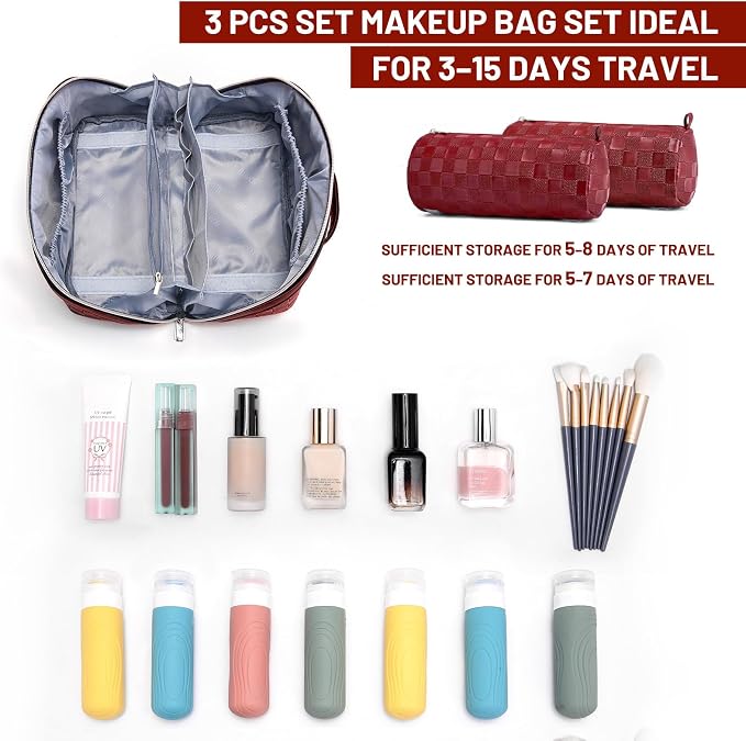 BOYATU Travel Makeup Bag Organizer: 3 Pcs Set Large Capacity Cosmetic Bags Holds 10–20 100ml Full-Size Bottles - 180°Open-Flat Make up Case 3-sec touch-up - Toiletry Bag Gift women (03-A-Red) - Image 4