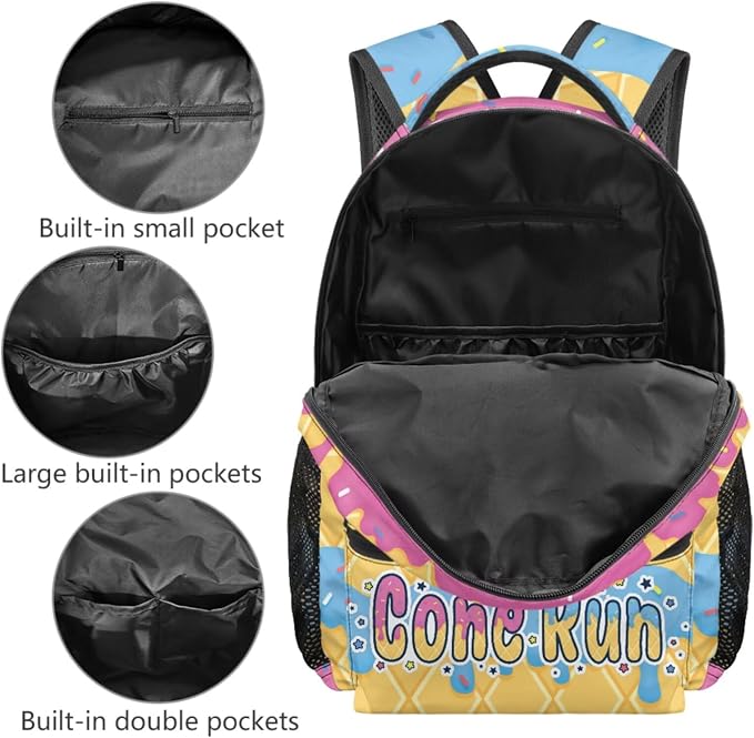 Cone Ice Cream Drip Baseball Print Kids 4-in-1 School Bag, Comfort-Padded Backpack Set with Lunch Box, Pencil Case & Dinosaur Charm Sport Bookbag for Girls Ages 8-12 4th 5th Grade - Image 3