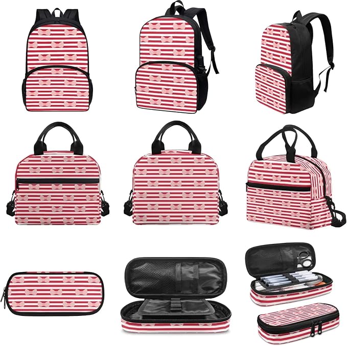 Red Bow knot Striped Backpack Set for Girls Kids Lightweight Cute School Backpack with Lunch Box Pencil Case Adjustable Strap Padded Book Bag Insulated Lunch Bag - Image 3