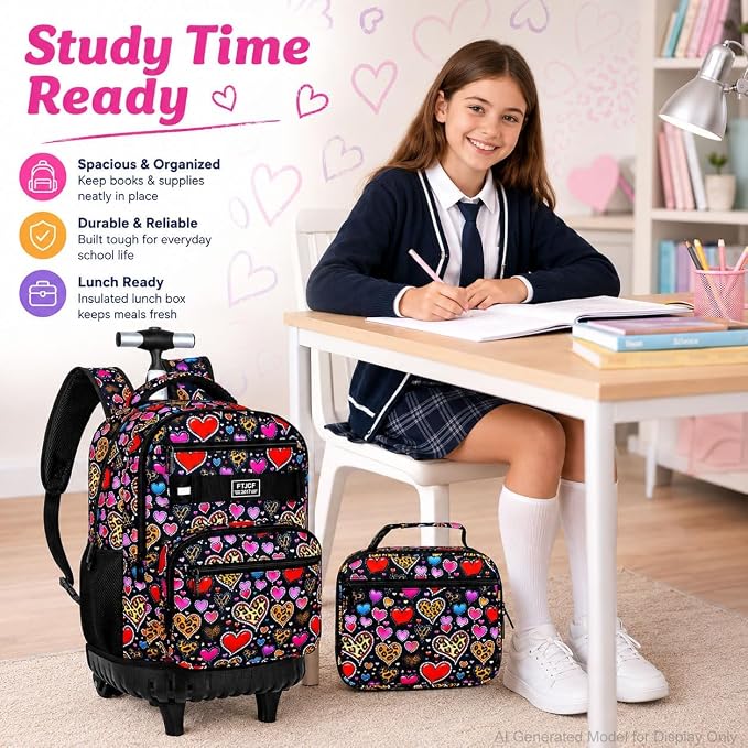 3Pcs Rolling Backpack for Girls, 19 Inche Women Roller Bag with Wheels for Adults, Wheeled Bookbag with Lunch Box(Brown) - Image 6