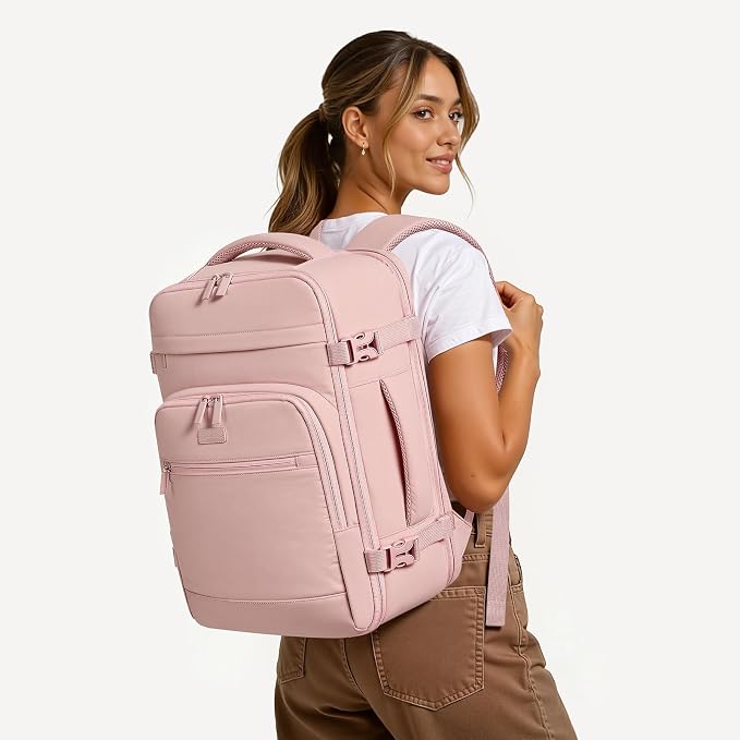 mibasies 40L Travel Backpack for Women & Men: Flight Approved Carry On Backpack, TSA Personal Item Bag with Water Bottle Pocket, Weekender Essentials Backpacks fits 17" Laptop - Pink - Image 2