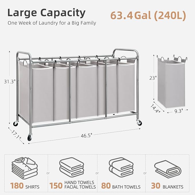 STORAGE MANIAC 5 Section Laundry Sorter, 5 Bins Rolling Separator Laundry Basket, Dirty Clothes Hamper Divider with Heavy Duty Lockable Wheels, Large Clothes Organizer Cart, Gray - Image 4