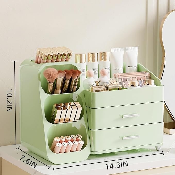 Booklov Large Makeup Organizer for Vanity and Bathroom Countertop, Green | Plastic Cosmetic Display Case with Drawers, Beauty Brush Holder for Dresser Counter Skin Care Eyeshadow Lipstick Storage - Image 2
