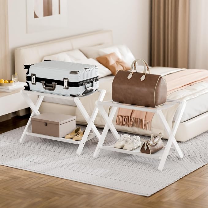 HITNET White Luggage Rack, Set of 2, Folding Suitcase Stand with Storage Shelf, Bamboo Luggage Holder with 5 Nylon Straps for Guest Room Bedroom Hotel - Image 2