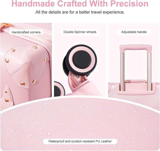 NZBZ Vintage Luggage Sets for Women Retro Suitcase Cute Vintage Expandable Luggage of 3 (Blush Pink, 20inch & 24inch & 28inch) - Image 7