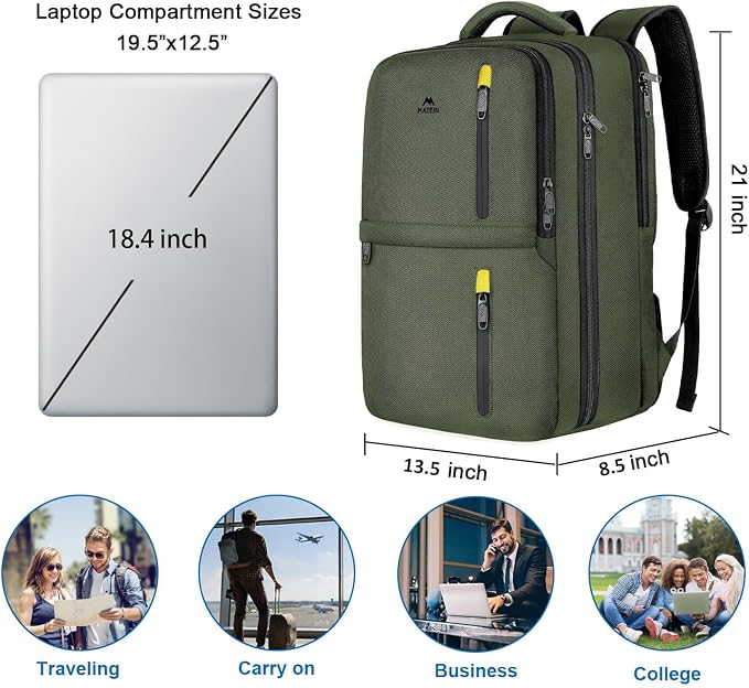 MATEIN Green Travel Backpack 45L, Luggage Backpack for Travel Carry On | Flight Approved, Large Capacity, 18 Inch Backpack Suitcase, Overnight Weekend Travel Bag, Laptop Compartment, Lots of Pockets - Image 5
