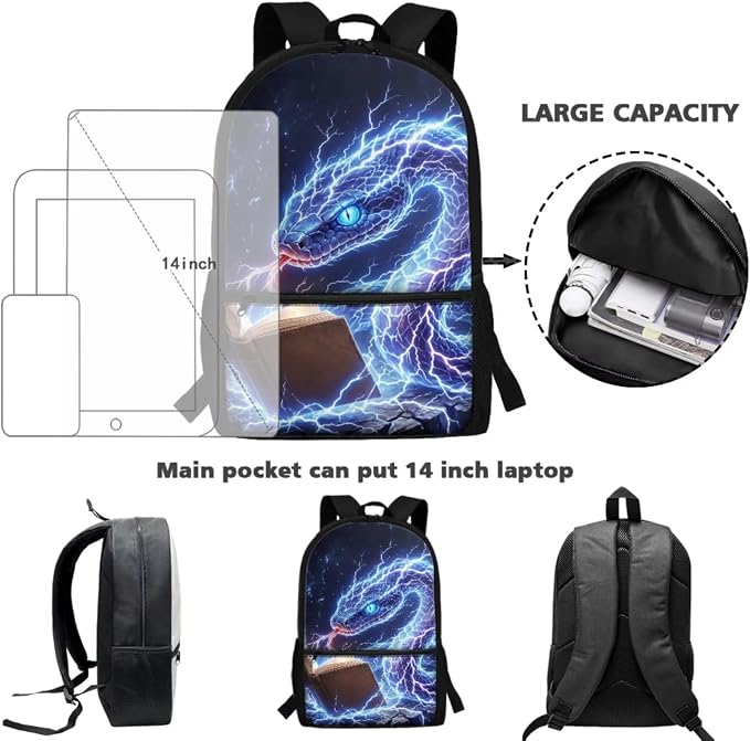 Lightning Snake School Backpack Boys Cool Bookbag Kids 6 7 8 9 10 11 12, 4 Piece Backpack Set with Lunch Box and Pencil Case Back to School Supplies, Adjustable Padded Strap - Image 4