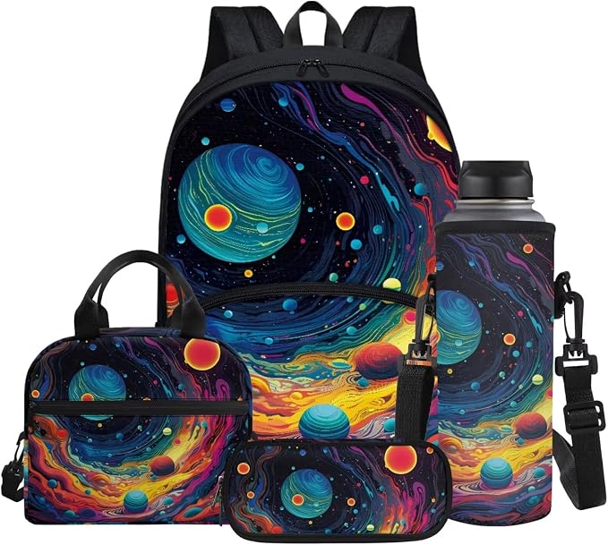 4pcs Backpack Set for Kids, Psychedelic Space Planet Print Teenage Students Bookbag with Lunch Bag & Pen Pouch & Water Bottle Cover for School Sport Travel by Glomenade