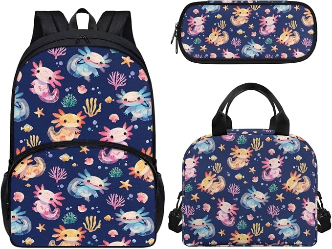 3pcs Kids School Bookbag with Insulated Portable Lunch Bag Pencil Case Colorful Axolotl Backpack Daypack for Kids Teen Girls by Wideasale
