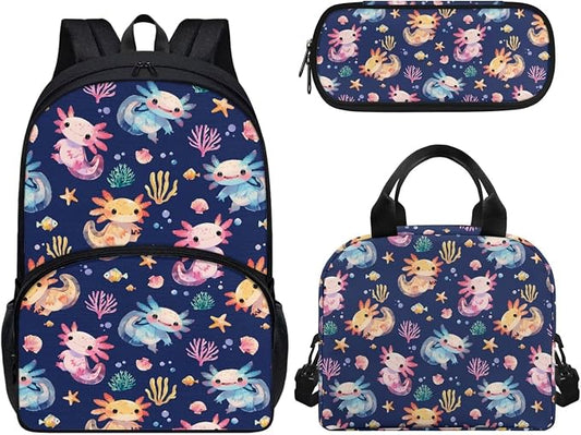 3pcs Kids School Bookbag with Insulated Portable Lunch Bag Pencil Case Colorful Axolotl Backpack Daypack for Kids Teen Girls by Wideasale