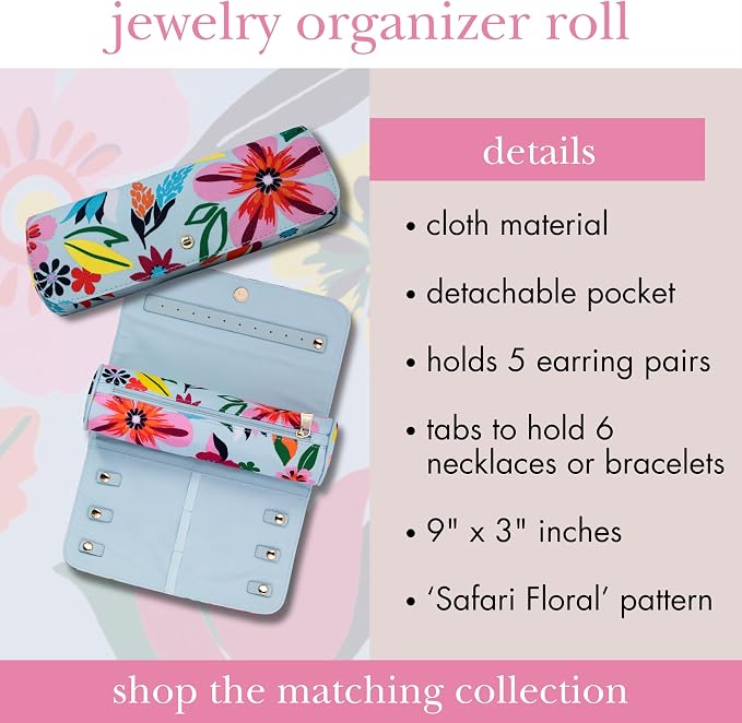 kate spade new york Travel Jewelry Roll, Safari Floral | Fabric Jewelry Case Organizer for Women, Cute Jewelry Organization Holds Necklaces, Rings, Bracelets with Zipper Pocket - Image 6
