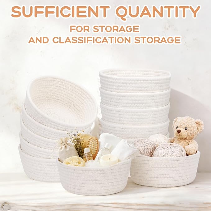 4 Pack Small Woven Storage Baskets with Gift Bag and Ribbon for Organizing Woven Natural Cotton Rope Bin Round Boho Empty Decorative Gift Chest Basket Box for Bathroom, Closet, Shelf Organizer (White) - Image 4