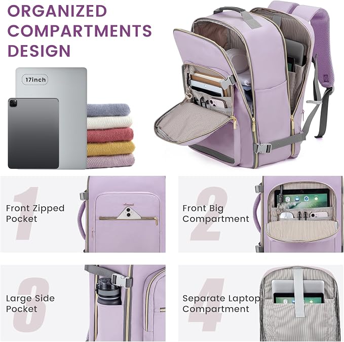 LOVEVOOK 40L Large Travel Backpack for Women Men, 17 Inch Carry on Backpack for Traveling on Airplane, Personal Item Travel Bag Airline Approved, Business Causal Weekender Backpack, Light Purple-Grey - Image 2