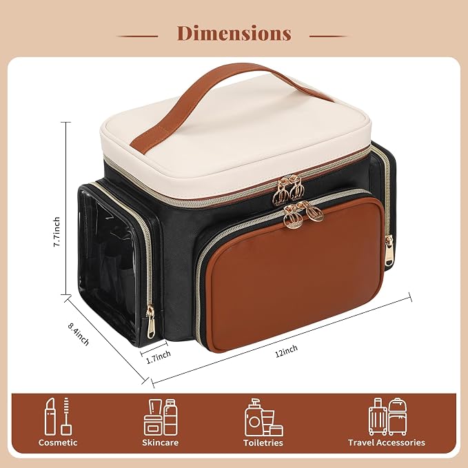 Bagmoly Large Makeup Bag, Portable Travel Makeup Bag Organizer for Women Girls with Makeup Brush Compartment & Two Side Pockets, Cosmetic Travel Bag Vertical Storage Toiletry Bag- Brown - Image 6
