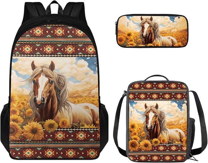 Coloranimal Aztec Western Horse 3Pcs Backpack Set Sunflower School Bag Lightweight Book Bag Mini Lunch Bag Pencil Case for Teen Boys Girls Rucksack by Coloranimal