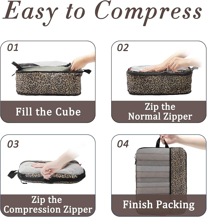 U+U 6 Set Compression Packing Cubes - Ultralight Travel Organizers with Laundry Bag, Space-Saving Suitcase Organizer, Expandable Packing Cubes for Travel, Business Trip and Family Vacation (Leopard) - Image 4