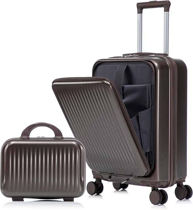 2 Pcs ABS Spinner Luggage Set - 14" Cosmetic Case & 20" Carry-On with Combination Lock, Front Opening Design, Brown by LUCCALILY