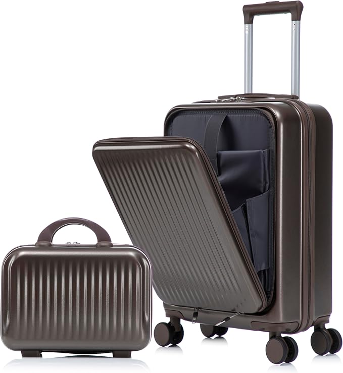 Gradient Color Suitcase 2-Piece Set, 20" Rotating Wheel Suitcase with 14" Cosmetic Case, Lightweight Durable Hardshell Luggage with 360° Spinner Wheels for Travel, Women & Girls (Brown) by Unknown