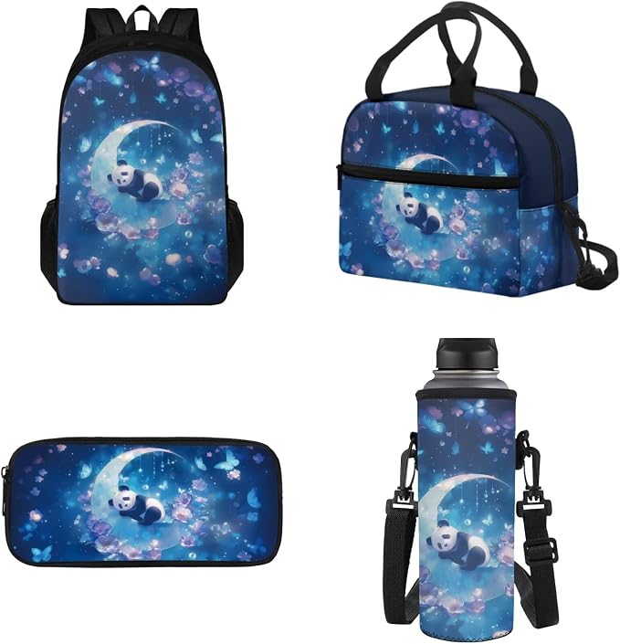 Girls Panda Moon Backpack Set of Thermal Lunch Box Pencil Box Water Bottle Holder, Lightweight 4 in 1 School Book Bag, Kids Daypack Everyday Pack for School by Tomeusey