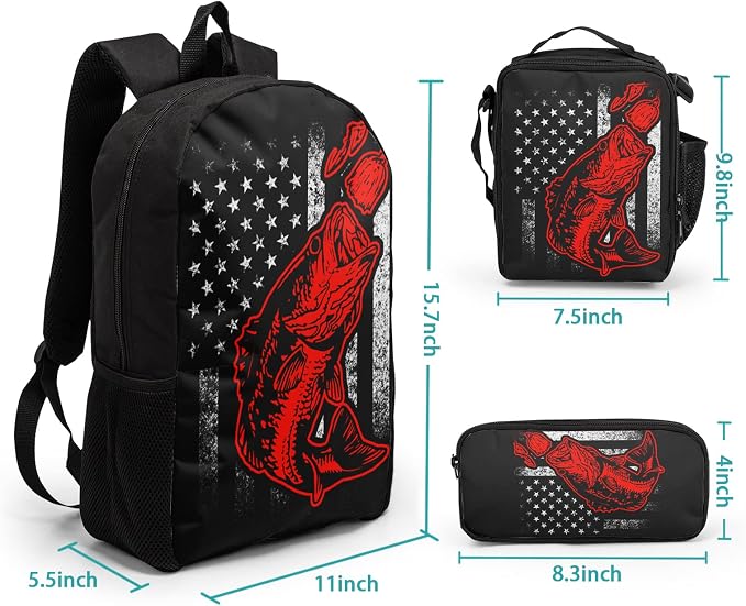 Giwawa Bass Fishing Lure Teens School Backpack Set American Flag Canvas Girls Boys School Bags Travel Bookbags 3 in 1 - Image 2