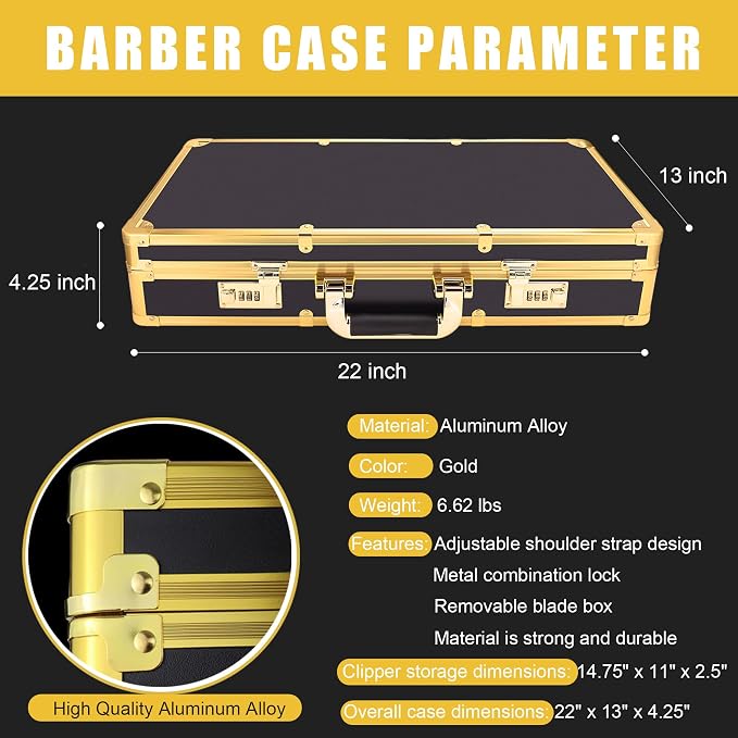 GYKLE Gold Barber Case, Large Barber Carrying Suitcase with Code Lock | Large Space, Comes with Shoulder Strap, Aluminum Clippers Case, Hair Cutting Tools Organizer Box - Image 4