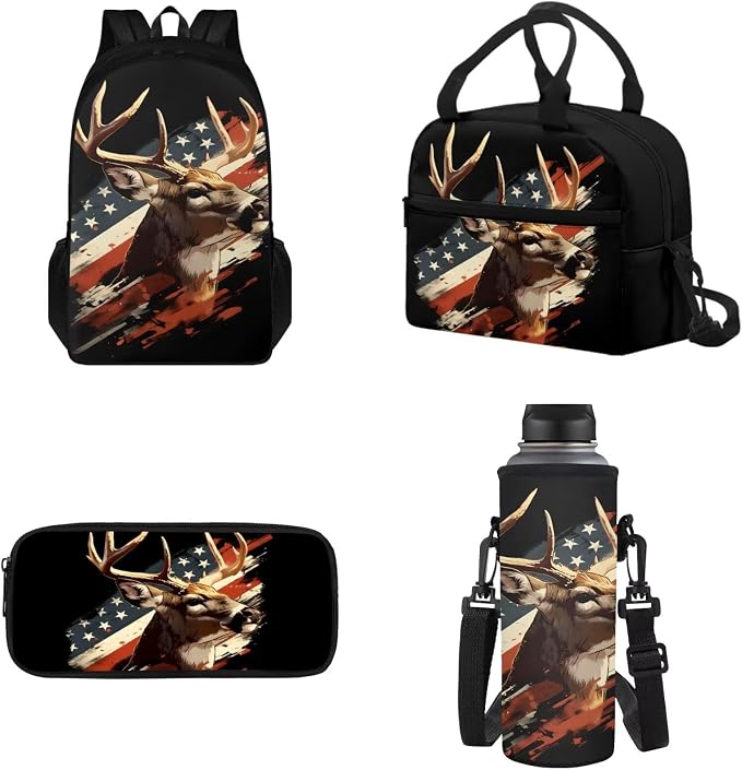 USA Flag Deer School Backpack Set with School Bookbag Double Shoulder Lunch Bags and Pencil Box Pouch Water Bottle Organizer Travel Bag for Teens 4 Piece Set by Tomeusey