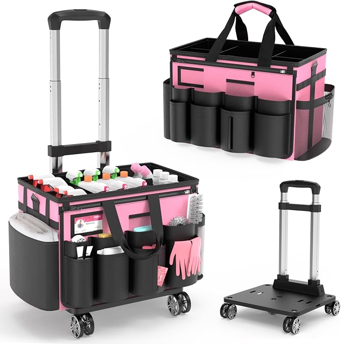 Cleaning Caddy with Wheels - Rolling Cleaning Caddy Bag with Detachable Trolley, Cleaning Caddy for Cleaning Supplies, Cleaning Bag for Housekeeping, Pink by MUNNAR