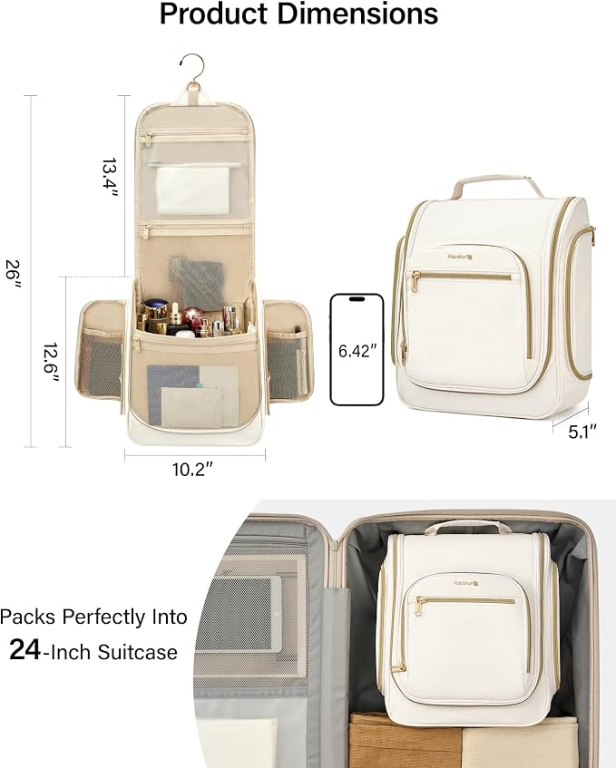 Hanke Hanging Travel Toiletry Bag for Men and Women, Water-Resistant Toiletries Bag Makeup Organizer with Hook, Cosmetic Bag for Bathroom & Travel Essentials Accessories, Off White - Image 2