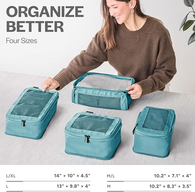 Aerotrunk Compression Packing Cubes for Travel - Luggage Organizer Bags - Double Zipper Packing Cubes for Suitcases (4-Pack, Teal)