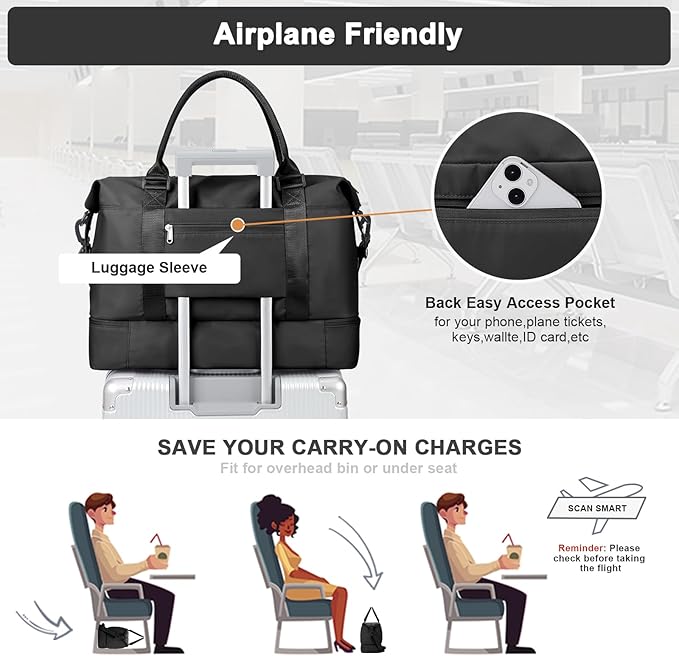 Travel Duffel Bag, Carry On Overnight Weekender Bags for Women | Travel Bag with Wet Pocket & Trolley Sleeve, For Spirit Airlines 18x14x8 Personal Item Bag - Image 6