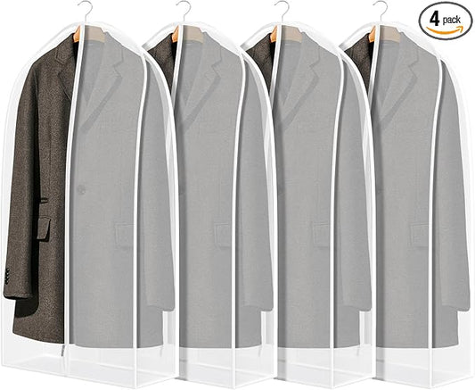 Zilink Breathable Garment Bags for Leather Coat 40” Suit Bags for Closet Storage Silky Suit Dust Covers for Hanging Clothes with 7" Gussted Wrinkle Free for Leather Clothing, Fur Coat, White, Set of 4 by Zilink