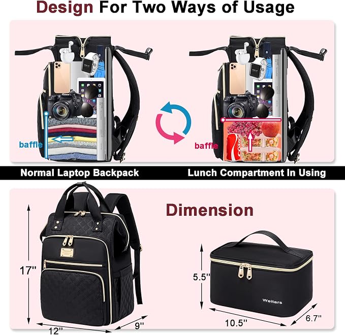 Weitars Lunch Backpack For Women,15.6 Inch Laptop Backpacks For Womens Back pack, Travel Backpacks,Work Backpack For Women (Black) - Image 4