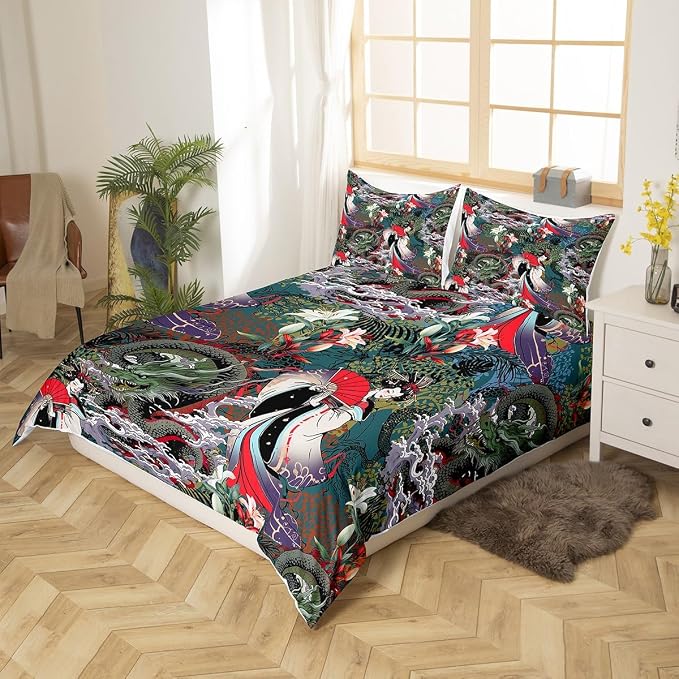 Dragon Duvet Cover Full Japanese Style Exotic Bedding Sets Animal Pattern Plant Floral Decor Comforter Cover Asian Culture Theme Bedding with Zipper Ties Soft Luxury Duvet Cover for Adult Women Girls - Image 3