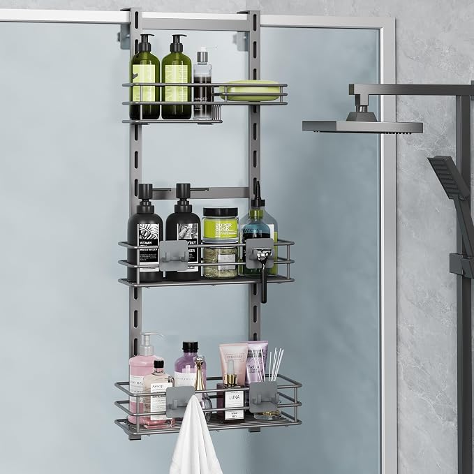 Orimade Over the Door Shower Caddy Adjustable 3 Tier Dark Grey,Bathroom Hanging Organizer Shelf Rustproof with 4 Hooks,Shower Basket with Soap Holder and Suction Cup by Orimade
