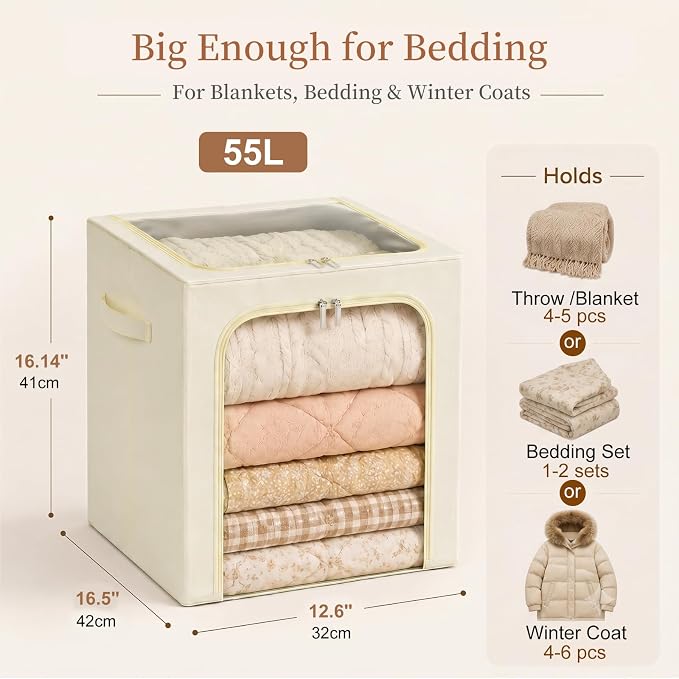 GoMaihe Clothes Storage Bins with Metal Frame, 55L Blanket Storage Boxes for Above Shelf Closet, 6 Pack Stackable Clothing Storage Organizer with Clear Window for Bedding Sweaters Comforters – Beige - Image 3