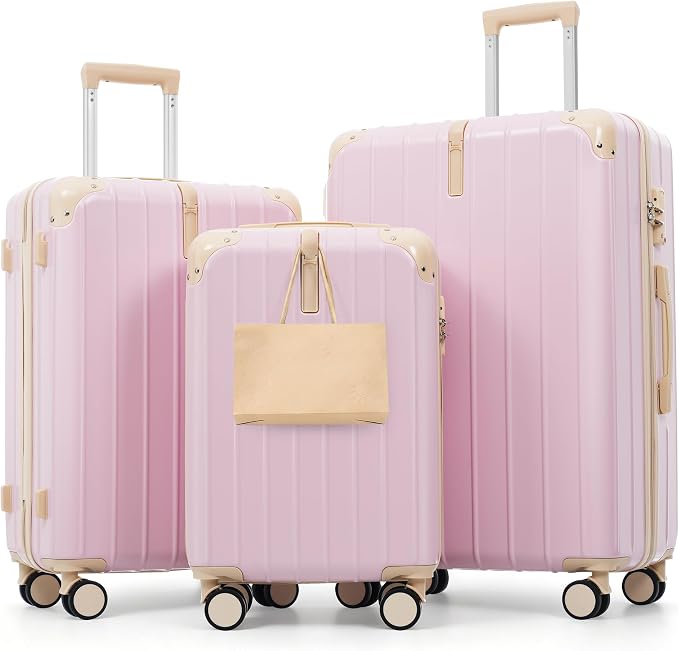 Hardshell Luggage Sets, Lightweight Stripes Suitcases with Spinner Wheels, Pink by Merax