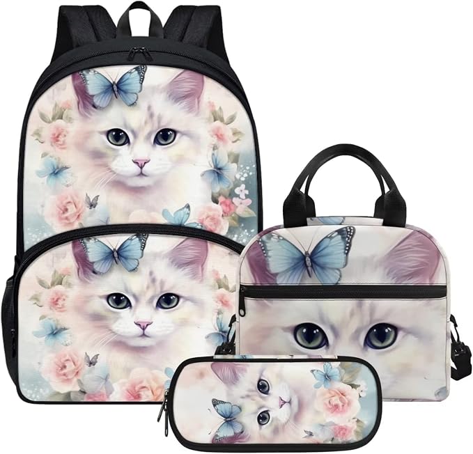Butterfly Floral Cat Print Backpack Set for Girls Kids Lightweight Cute School Backpack with Lunch Box Pencil Case Adjustable Strap Padded Book Bag Insulated Lunch Bag by Parprinty