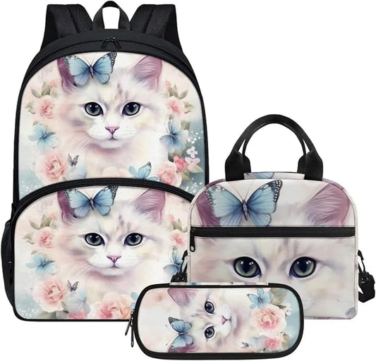 Butterfly Floral Cat Print Backpack Set for Girls Kids Lightweight Cute School Backpack with Lunch Box Pencil Case Adjustable Strap Padded Book Bag Insulated Lunch Bag by Parprinty