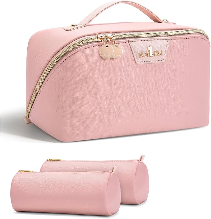 Travel Makeup Bag for Women: 3-in-1 Large Capacity Cosmetics Organizer with 2 Detachable Pouch - Vegan Leather Flat Open Toiletry Bag - Portable Travel Essentials for Full-Sized Bottles(Pink) by Unknown