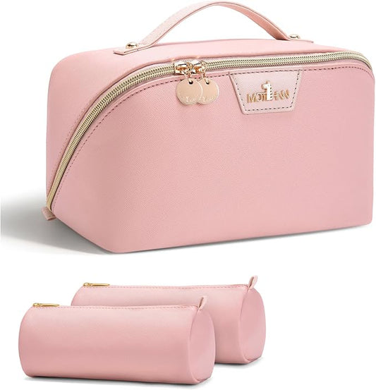 Travel Makeup Bag for Women: 3-in-1 Large Capacity Cosmetics Organizer with 2 Detachable Pouch - Vegan Leather Flat Open Toiletry Bag - Portable Travel Essentials for Full-Sized Bottles(Pink) by Unknown